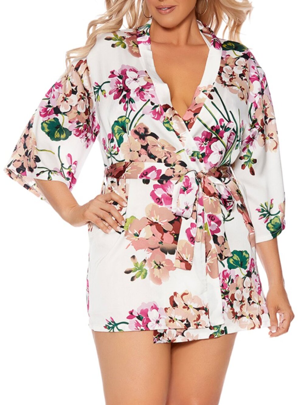 Plus Size Floral Charmeuse Kimono Robe Short Satin Lingerie Robe with Belt - Picture 1 of 10